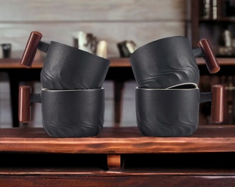 Espresso Cups Set of 4 - 2.5oz & 6oz Ceramic with Wooden Handle, Small Coffee Cups Double Shot