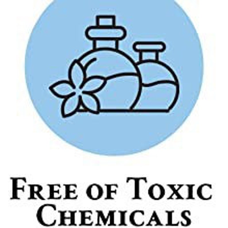 Puede incluir: Ilustraci&oacute;n de dos botellas de vidrio con una flor, sobre un fondo azul claro. El texto "Free of Toxic Chemicals" est&aacute; debajo de la imagen.