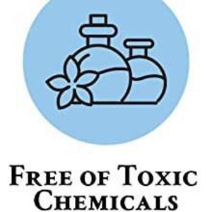 May include: Illustration of two bottles with a flower, representing products free of toxic chemicals.