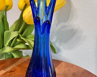 Vintage 5 Finger Swung Vase, Taiwanese vase in colbalt blue 10”