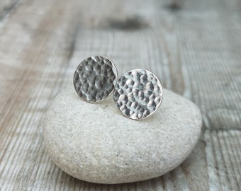 Silver Hammered Studs, Large Silver Studs, Hammered Studs, Sterling Silver Round Stud Earrings, Silver Disc Stud Earrings, Silver Earrings