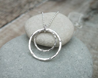 Circle Necklace, Silver Necklace, Ring Necklace, 2 Two Circle Necklace, Hammered Necklace, Sisters Gift, Gift For Her, Birthday Gift For Her