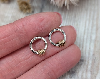 Silver Hammered Circle Hoop Stud Earrings with Gold Loops
