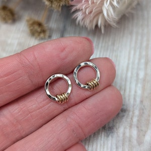 Silver Hammered Circle Stud Earrings with Gold – Silver Earrings, Gold Earrings, Hoop Earrings, Stud Earrings, Gift For her