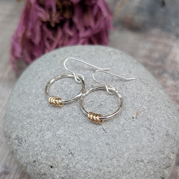 Silver Hammered Circle Earrings with Gold Loops - Silver Earrings, Circle Earrings, Hammered Earrings, Gift For Her, Handmade Jewellery