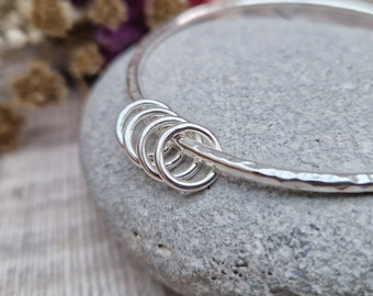 Four 4 Decades Bangle, 40th Birthday Bangle, Silver Bangle, Circle Charm Bangle, Hammered Bangle