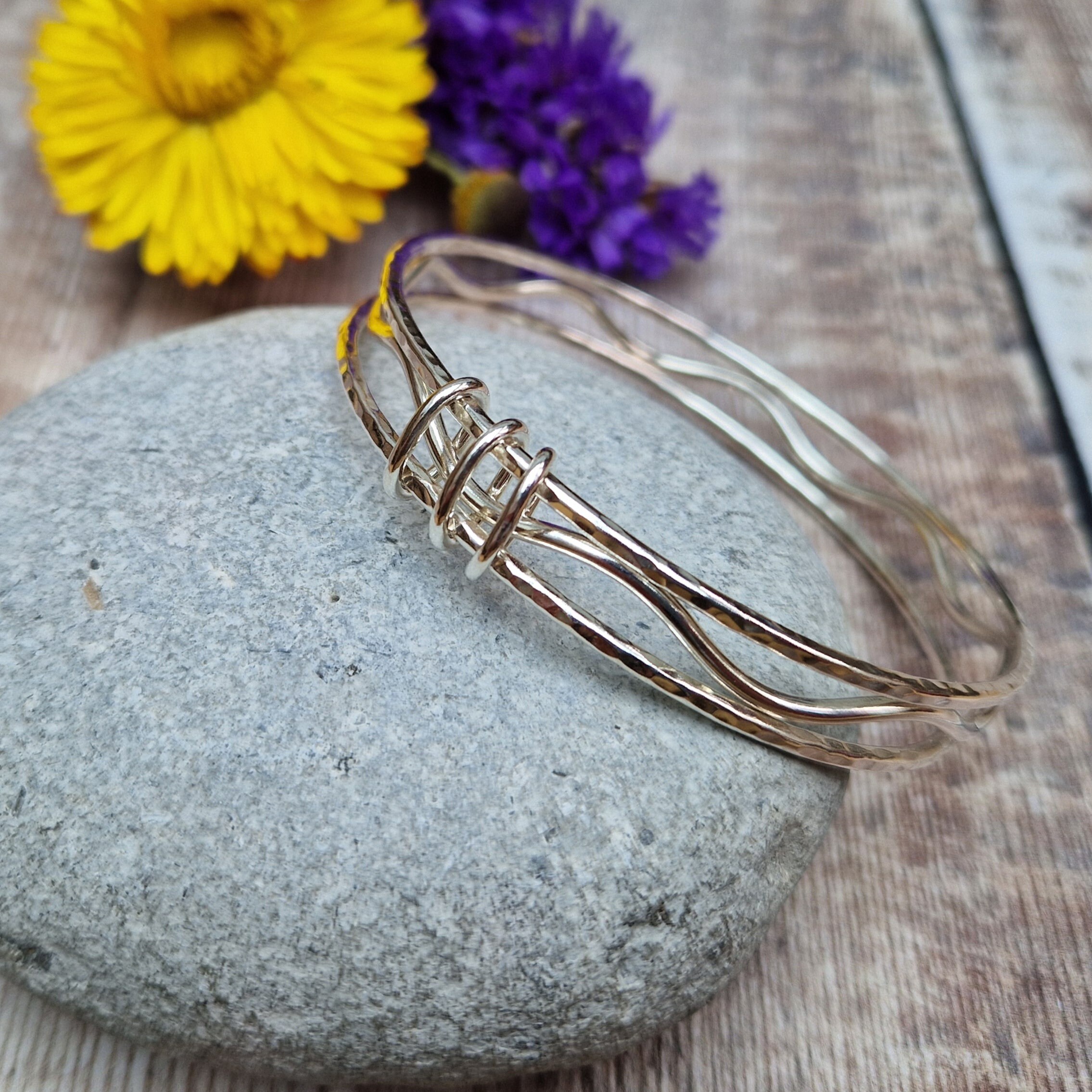 Silver Wavy Hammered Bangle - Silver Bangle, Triple Bangle