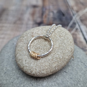 Silver Circle Necklace with Five Gold Loops - Silver Necklace, Gold Necklace, 5 Decades Necklace, 50th Birthday Necklace, Gift For Her