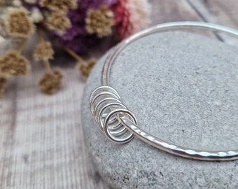 Five 5 Decades Bangle, 50th Birthday Bangle, Silver Bangle, Circle Charm Bangle, Hammered Bangle