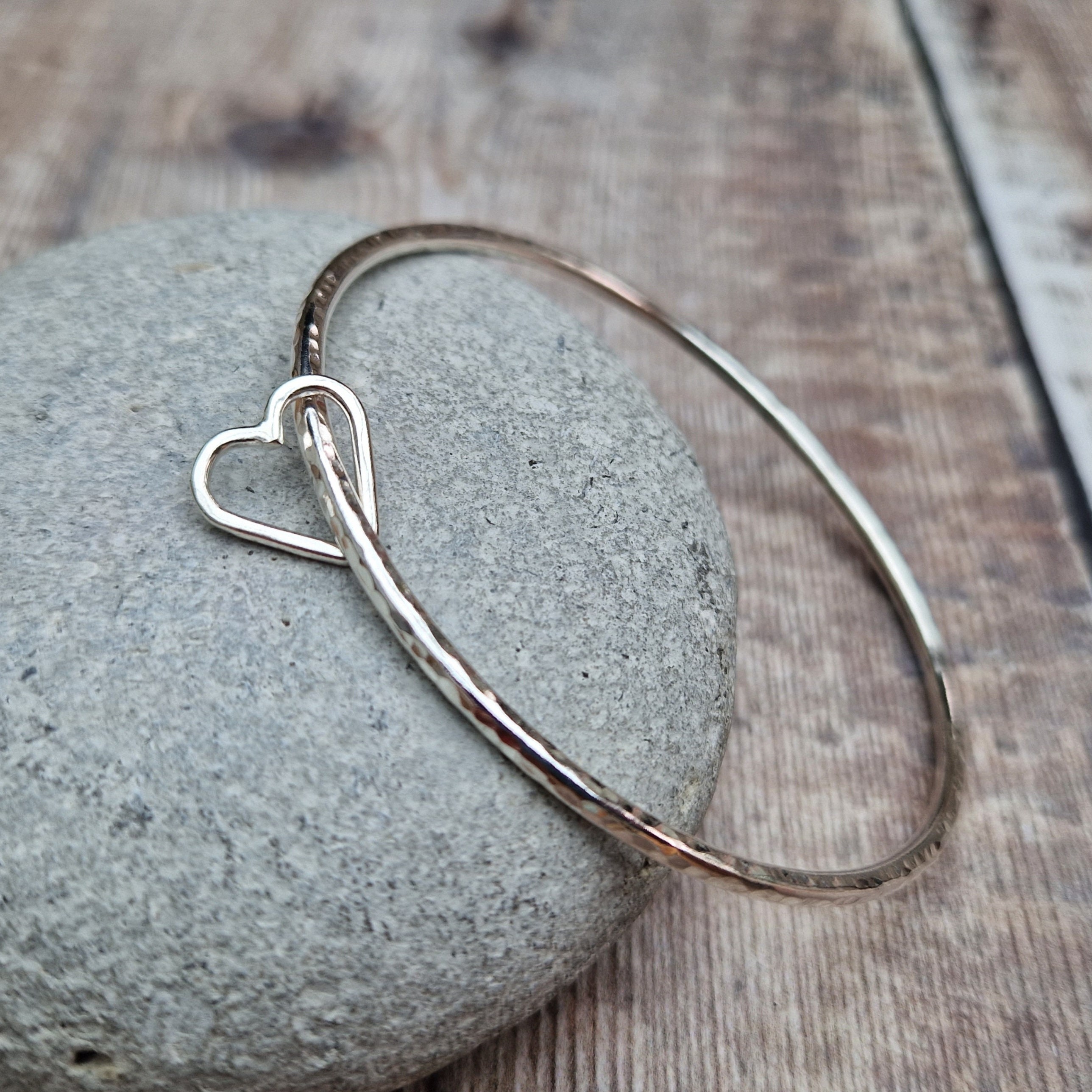 Silver Hammered Bangle With Open Heart Charms – Silver Bracelet
