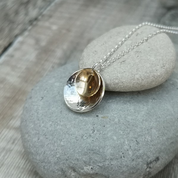 Sterling Silver and 12ct Gold Hammered Domed Disc Pendant Necklace