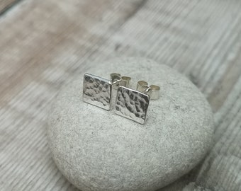 Silver Square Stud Earrings, Hammered Studs, Textured Stud Earrings, Minimalist Earrings, Geo Earrings, Geometric Earrings, Silver Earrings