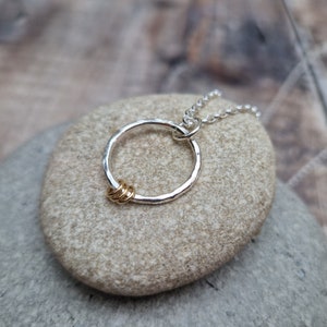 Silver Circle Necklace with Three Gold Loops - Silver Necklace, Gold Necklace, 3 Decades Necklace, 30th Birthday Necklace, Gift For Her
