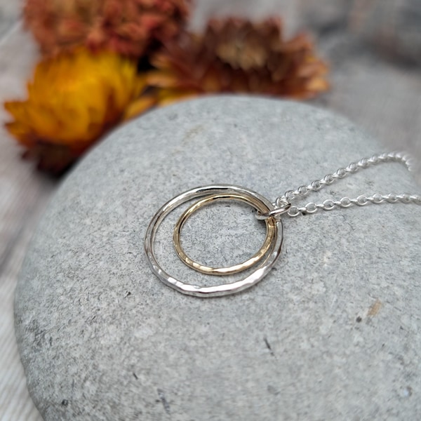 Silver and Gold Two Circle Necklace - Silver Necklace, Gold Necklace, Hammered Necklace, Circle Necklace, Gift For Her, Handmade