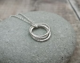 Three 3 Decades Necklace, 30th Birthday Necklace, Interlocking Silver Circle Necklace,, Russian Ring Necklace