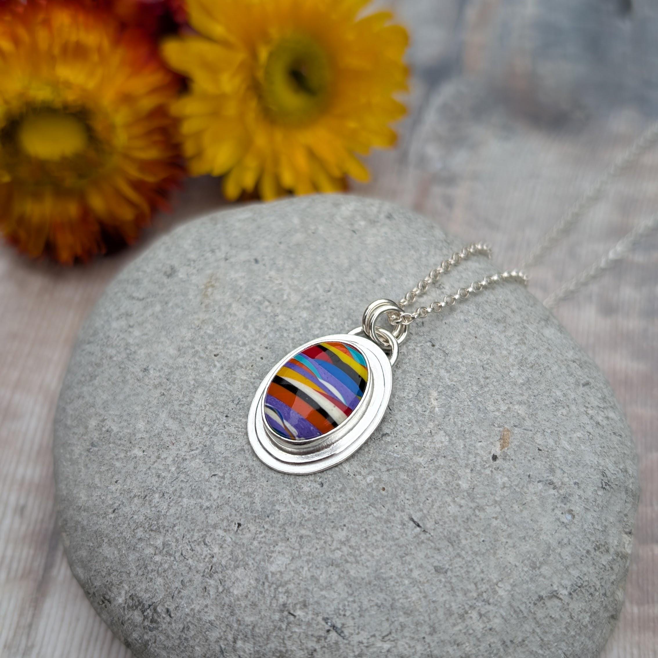 Colourful Surfite Oval Necklace Silver Necklace, Handmade