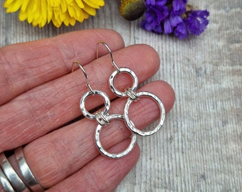 Silver Hammered Double Circle Earrings - Silver Earrings, Hoop Earrings, Drop Earrings, Handmade Jewellery, Gift For Her