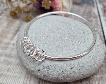 Six Decades Bangle, 60th Birthday Bangle, Silver Bangle, Circle Charm Bangle, Hammered Bangle, Ring Bangle