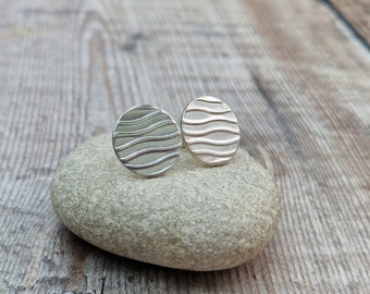 Silver Wavy Disc Stud Earrings - Large Silver Studs, Patterned Studs, Sterling Silver Stud Earrings, Silver Disc Earrings, Silver Earrings