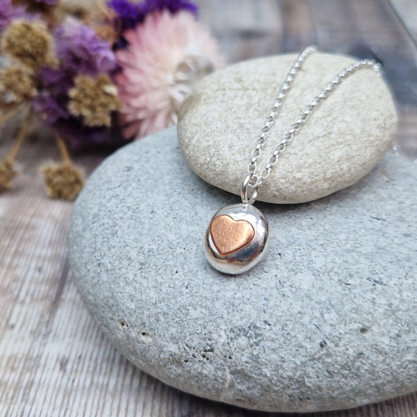Silver Pebble Necklace with Copper Heart – Silver Necklace, Heart Necklace, Handmade Jewellery, Gift For Her,