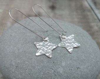 Silver Star Earrings - Star Earrings - Long Earrings - Statement Earrings - Hammered Earrings - Sterling Silver Star Earrings - Star Drops