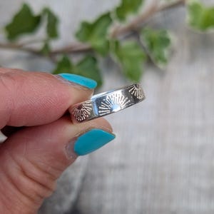 Silver 5mm Sunrise Ring - Sterling Silver, Recycled, Stamped, Patterned, Handmade, Jewellery, Gift For Her