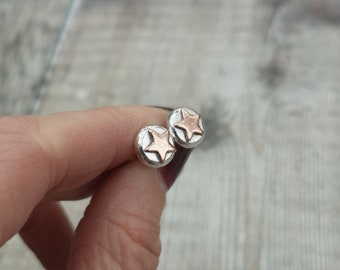 Sterling Silver Small Pebble Stud Earrings with Copper Star Detail