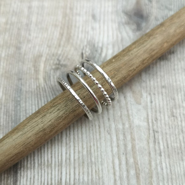 Sterling Silver Stacking Rings, Hammered Ring, Silver Ring, Textured Ring, Polished Ring, Beaded Ring, Simple Ring, Stacking Ring Set