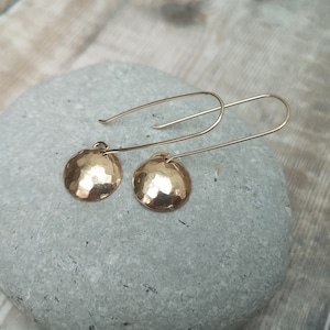 Gold Hammered Dome Disc Long Earrings – Gold Earrings, Hammered Earrings, Disc Earrings, Handmade Jewellery, Gift For Her