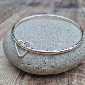 Silver Hammered Bangle with Open Heart Charms – Silver Bracelet, Charm Bracelet, Handmade Jewellery, Gift For Her, Heart Bangle