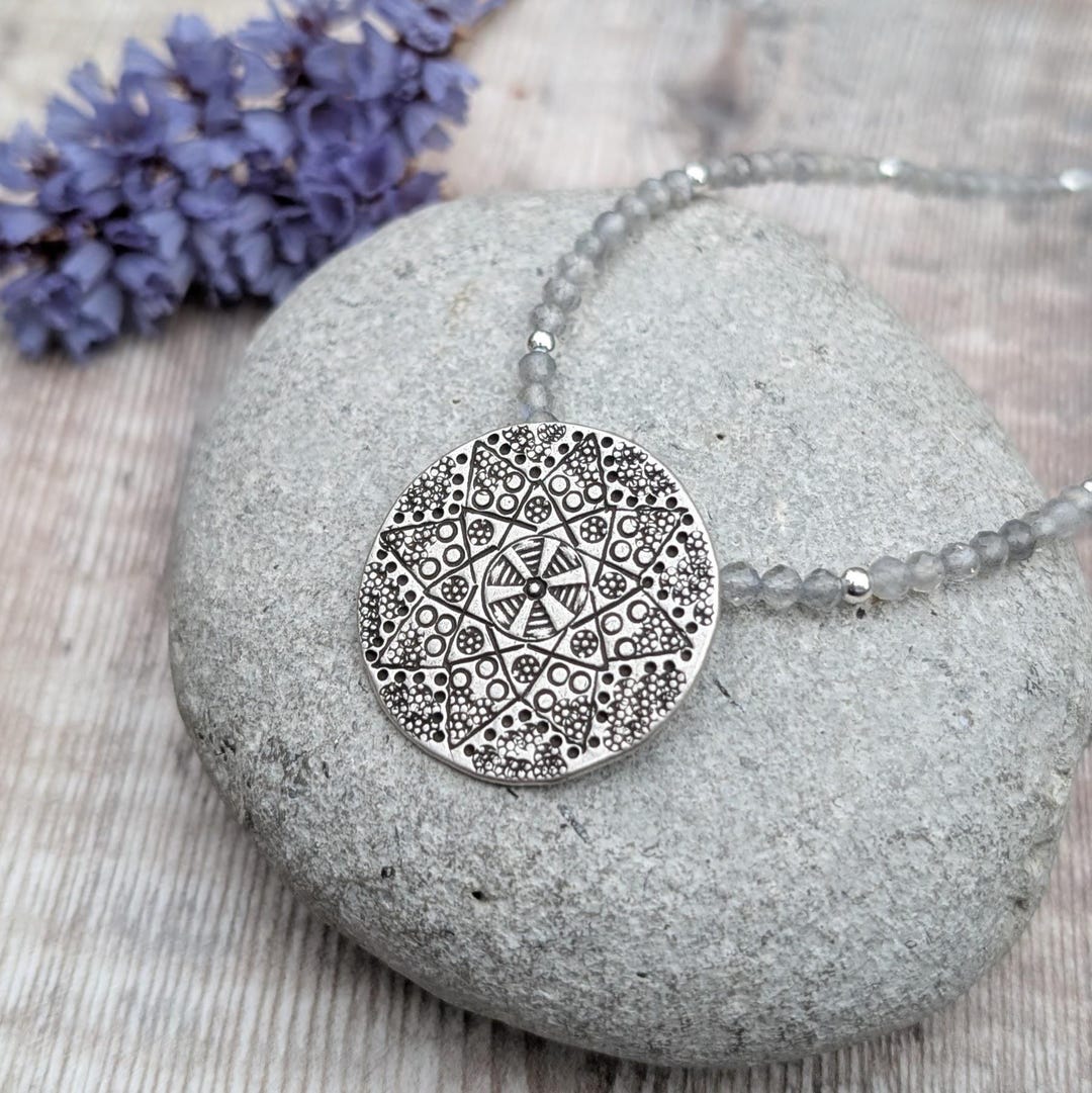 Patterned Disc Silver Patterned Disc Necklace With Labradorite - Etsy UK