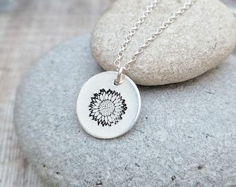 Silver Sunflower Necklace, Silver Necklace, Silver Pendant, Disc Necklace, Flower Necklace, Floral Necklace, Sunflower Jewellery, Necklace