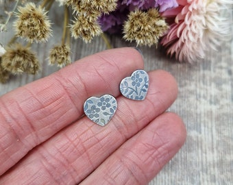 Sterling Silver Floral Pattern Heart Stud Earrings