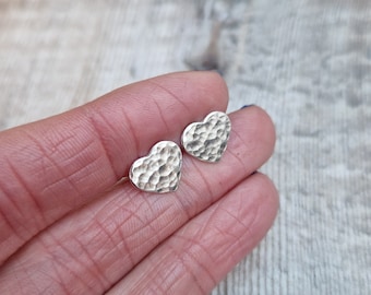 Sterling Silver Heart Stud Earrings, Cute Heart Stud Earrings, Dainty Silver Heart Studs, Hammered Heart Studs, Birthday Heart