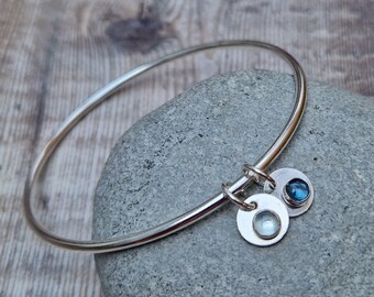 Recycled Sterling Silver Round Bangle with Aquamarine and Topaz Charms, Silver Bangle, Round Bangle, Charm Bangle, Gemstone Bangle