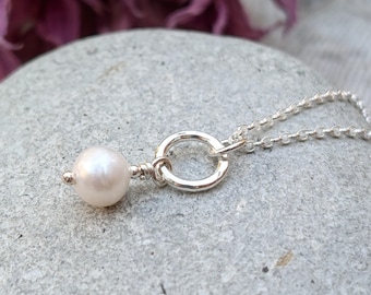 Silver Circle and Pearl Necklace - Silver Necklace, Hammered Necklace, Circle Necklace, Pearl Necklace, Handmade Jewellery, Gift For Her