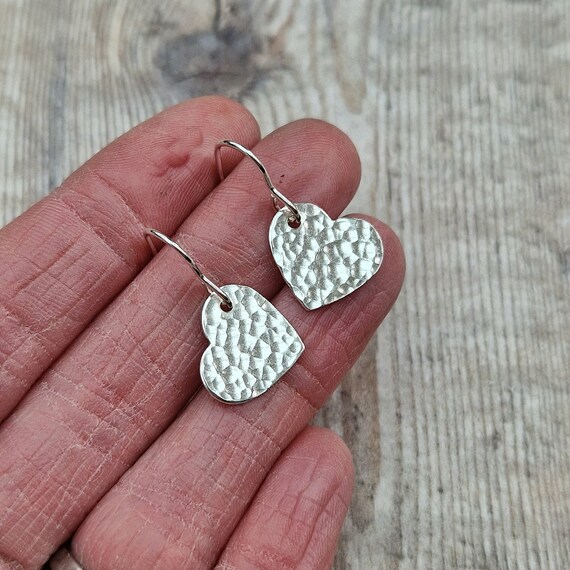 Silver Hammered Heart Earrings - Silver Earrings, Drop Earrings
