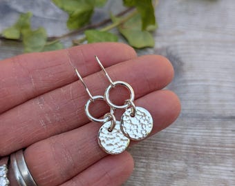 Silver Hammered Disc and Circle Earrings - Silver Earrings, Disc Earrings, Circle Earrings, Hammered Earrings, Handmade Jewellery, Gift