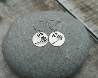 Silver Earrings, Dandelion Earrings, Charm Earrings, Disc Earrings, Dandlion and Wishes Earrings, Sterling Silver Earrings, Earrings