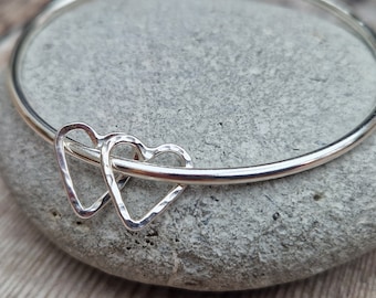 Silver Bangle with Open Heart Charms – Bracelet, Charms, Love, Recycled, Handmade, Jewellery, Gift For Her