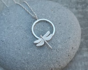 Dragonfly Necklace, Circle Necklace, Silver Necklace, Sterling Silver Dragonfly Necklace, Nature Necklace, Cast Necklace, Round Necklace