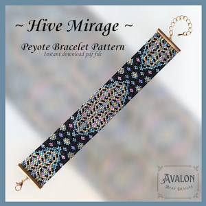 May include: A beaded peyote bracelet pattern with the text "~ Hive Mirage ~ Peyote Bracelet Pattern Instant download pdf file". The bracelet features a geometric design in black, gold, blue, and pink. The bracelet is approximately 1.5 inches wide.