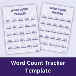 Op de afbeelding: Twee witte Word Count Tracker-sjablonen met een paarse kop. Elke sjabloon heeft een raster van vakken met weken en boekenpictogrammen. De tekst "Word Count Tracker Template" staat onderaan.