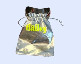 Glam Silver Personalized Drawstring Gift Bag – Metallic Pouch-5x7 Party Favor