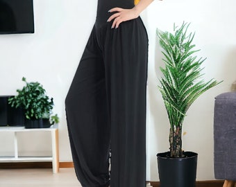 Schwarze Baggy Yogahose | Bequeme Boho-Hose für Damen | Yoga- und Tanzhosen | Hippie-Leggings | Elastische Hose | Bloomer-Hose