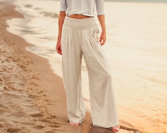Pantalon en lin beige pour femme | Pantalon de plage ample en lin | Pantalon bohème large avec poches | Pantalon bohème décontracté | Tenue de plage