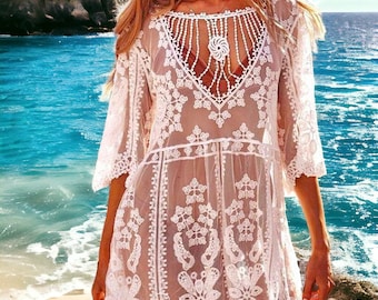 Cubierta de playa de encaje blanco / vestido de playa de encaje bordado / cubierta de bikini / ropa de playa / kimono de vacaciones / ropa de playa para mujer