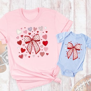 Mommy and Me Tee Shirts Coquette Heart Mama Mini Matching Outfit, Pink Bow Mom and Baby Valentine Shirt, Mothers Day Shirt, Mom Daughter Tee