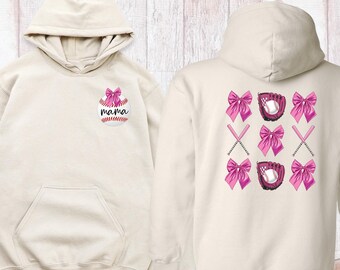 Coquette Baseball Two Side Hoodie Sweatshirt Baseball Mama, Custom Baseball Love Hoodie, Pink Bow Baseball Sweatshirt, Baseball Girl Sweater