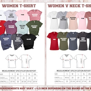 Puede incluir: Imagen de camisetas y camisetas con cuello en V para mujer en varios colores, como blanco, gris, rosa y negro. La imagen incluye un informe de especificaciones de medidas con medidas de pecho y largo en cent&iacute;metros.